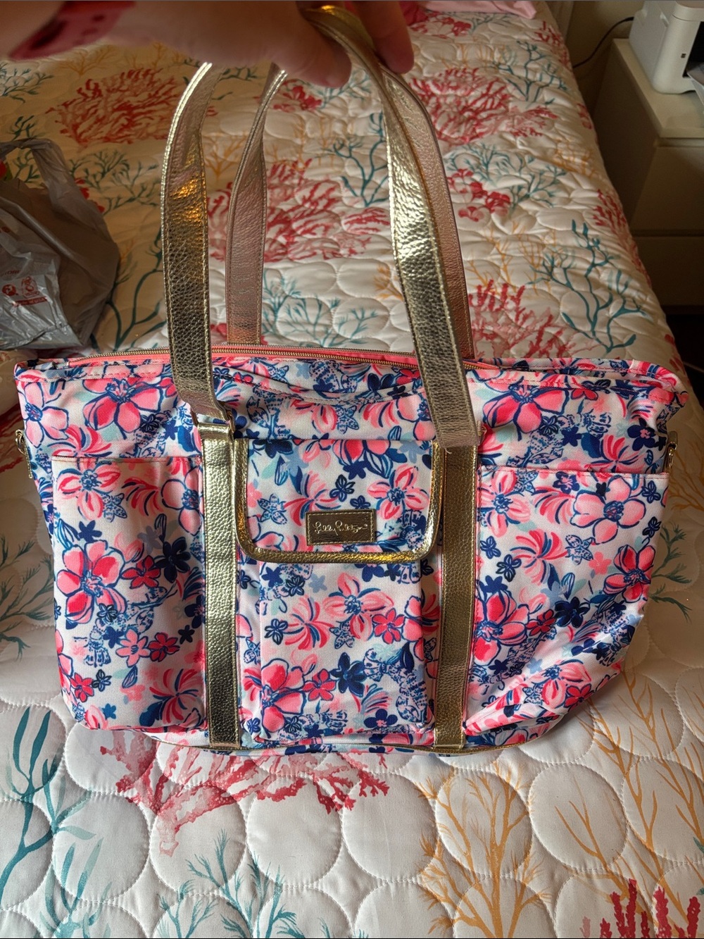 Lilly Pulitzer Pink Floral Tote with Gold Trim
